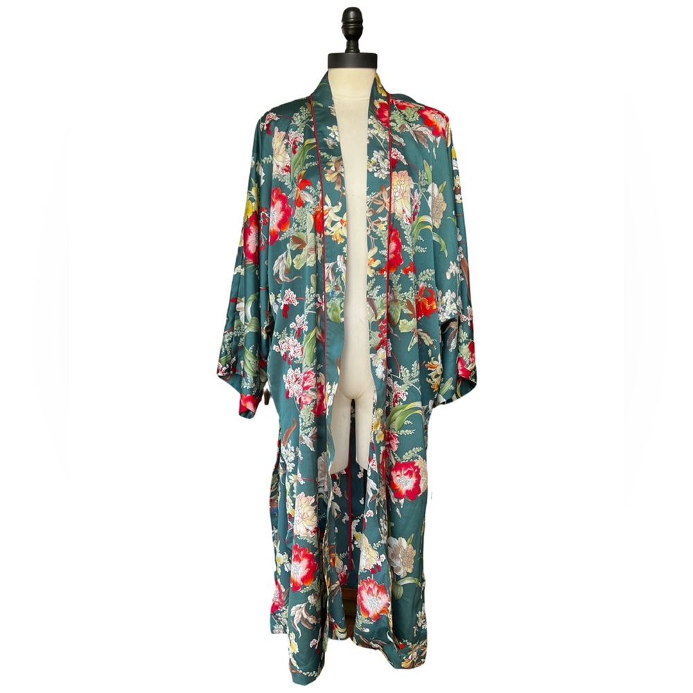 BEULAH Green Floral Duster/Kimono with Side Slits, Size Small